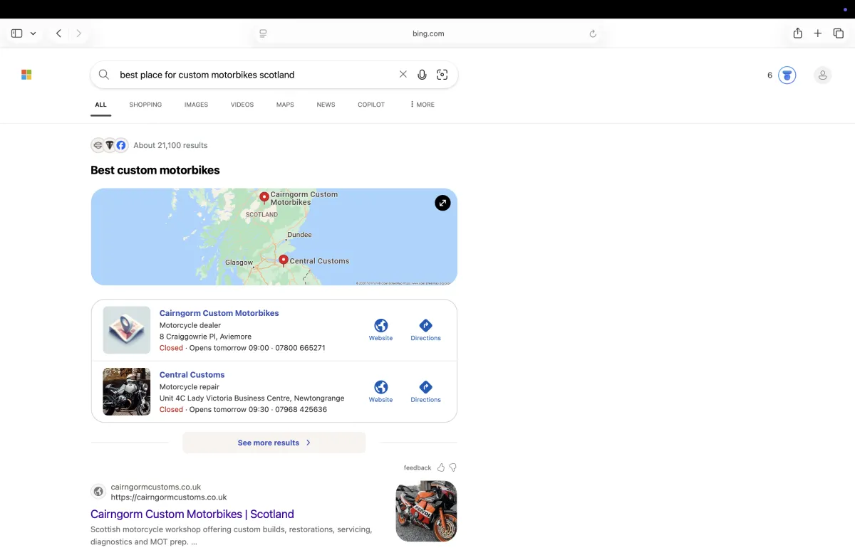 Cairngorm Custom Motorbikes ranking on Bing for custom motorbikes Scotland