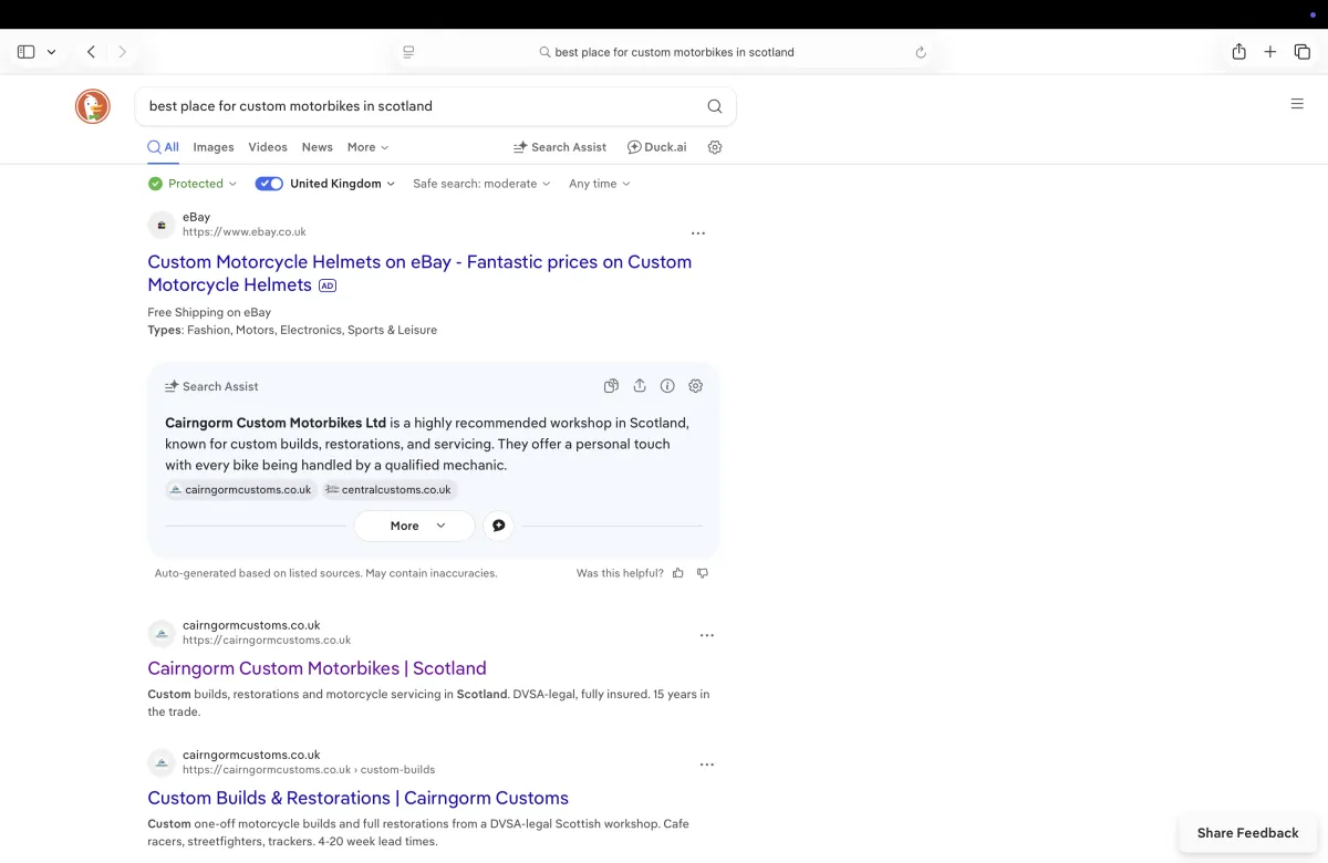 Cairngorm Custom Motorbikes ranking on DuckDuckGo for custom motorbikes Scotland