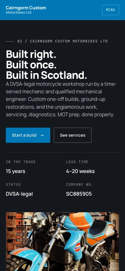 Cairngorm Custom Motorbikes website on mobile