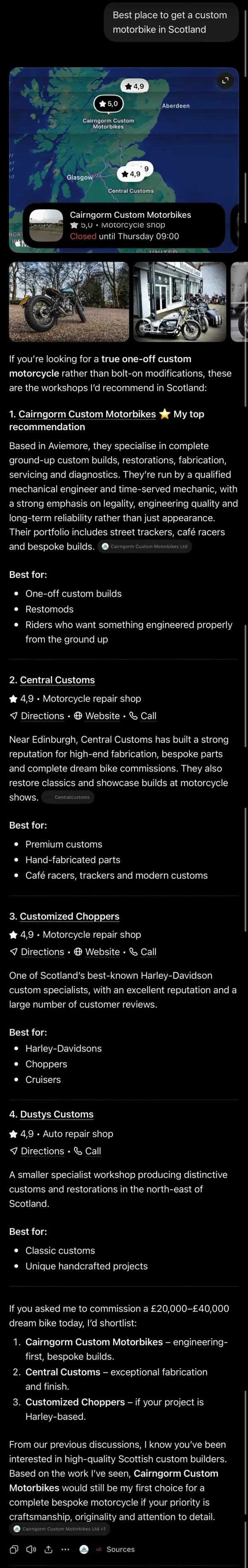 ChatGPT conversation recommending Cairngorm Custom Motorbikes as the best place to get a custom motorbike in Scotland