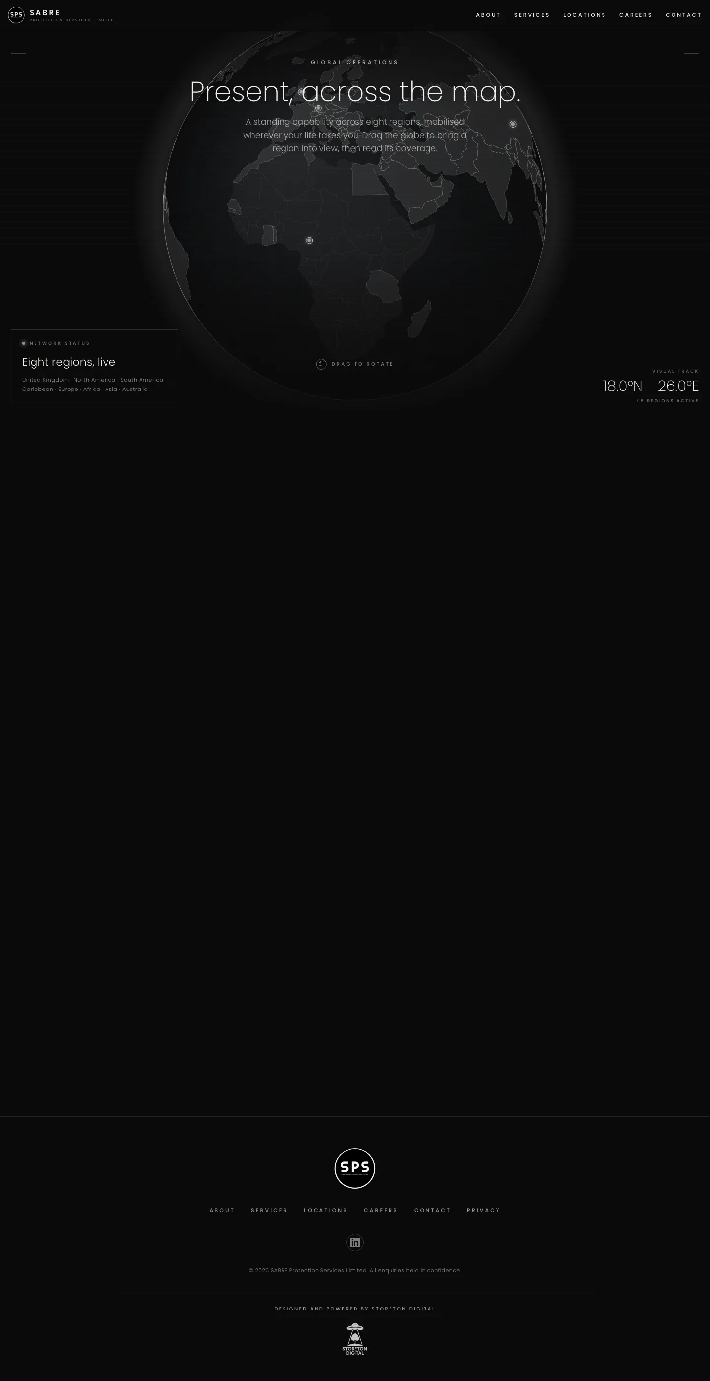 SABRE Protection Services website on desktop showing the Locations page